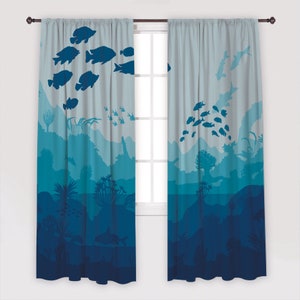 Multiple Sized Underwater World Coral Reef Navy Blue Y Fish Printed Curtain  Drapes For Living Room Dining Room Bed Room With 2 Panel Set