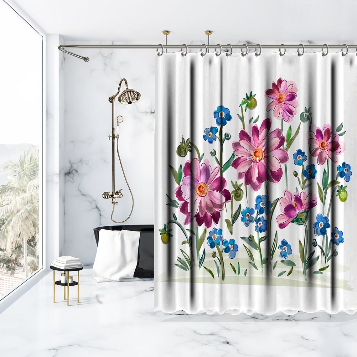 Flowers Printed Showers Curtain / Waterproof Button Hole Etsy