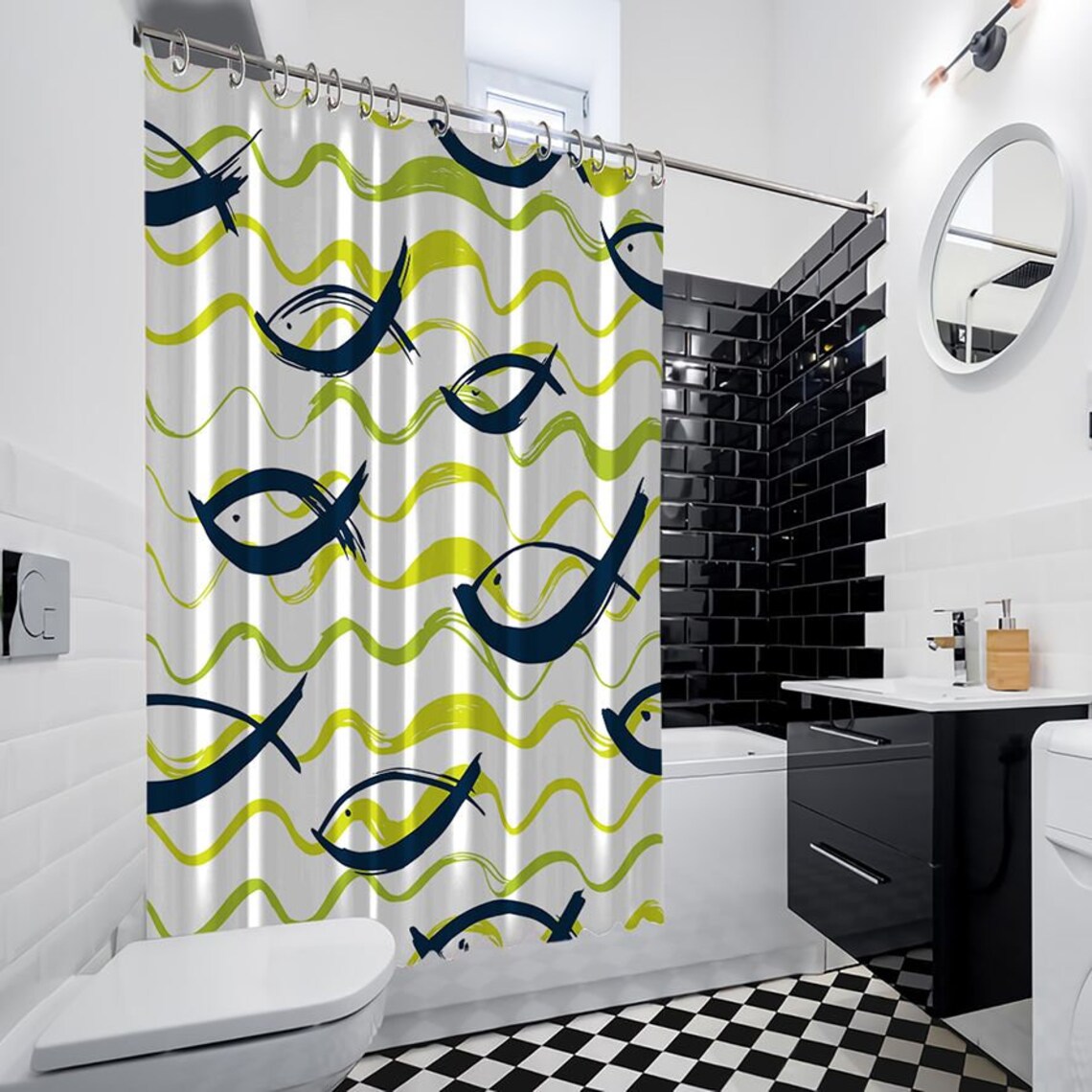 Fish Printed Showers Curtain / Waterproof Button Hole Shower Etsy