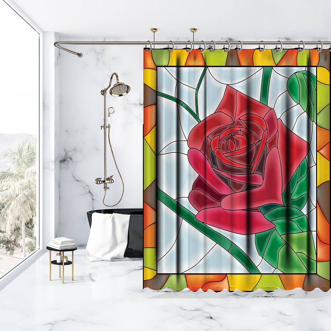 Stained Glass Printed Showers Curtain / Waterproof Button Hole Etsy