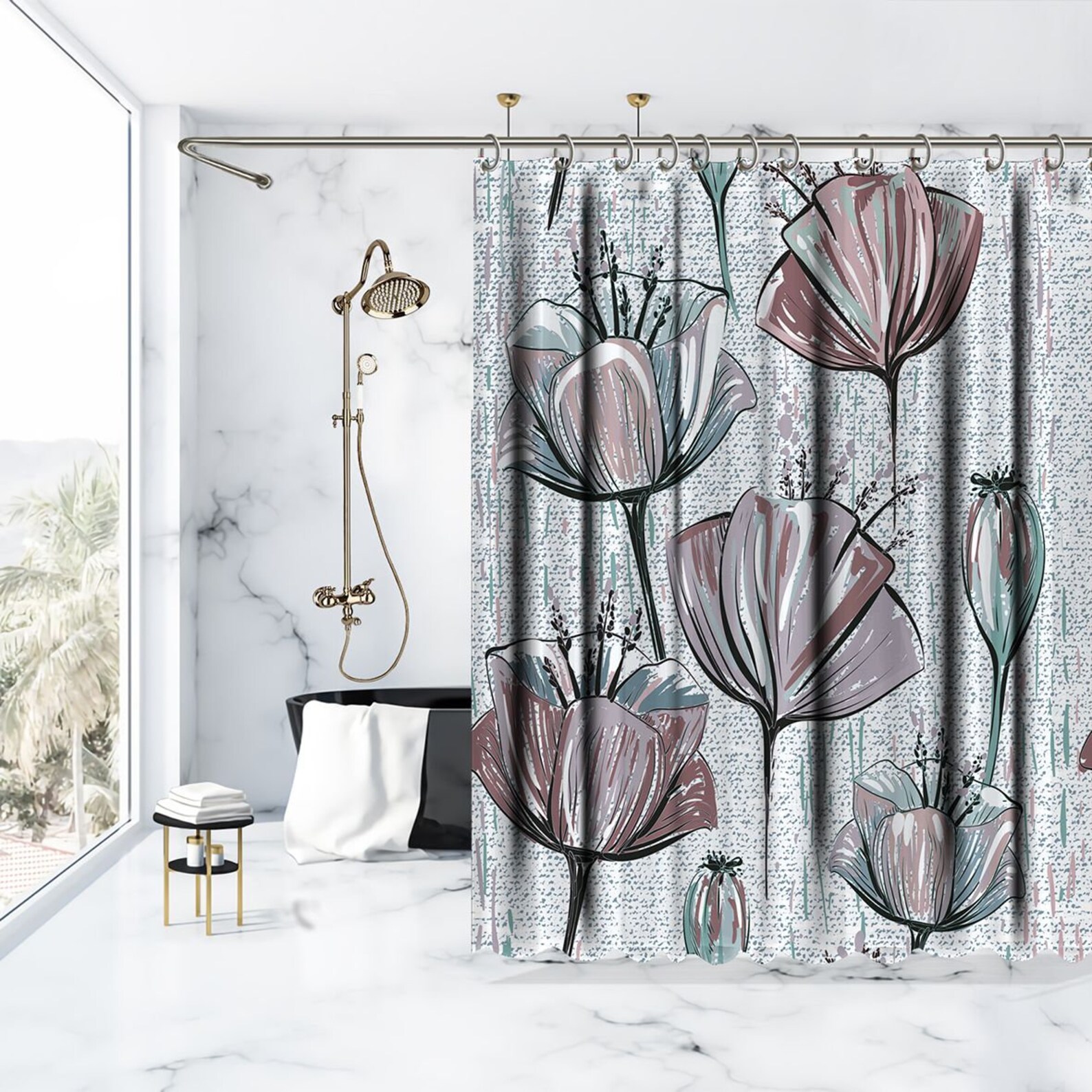 Flowers Printed Showers Curtain / Waterproof Button Hole Etsy