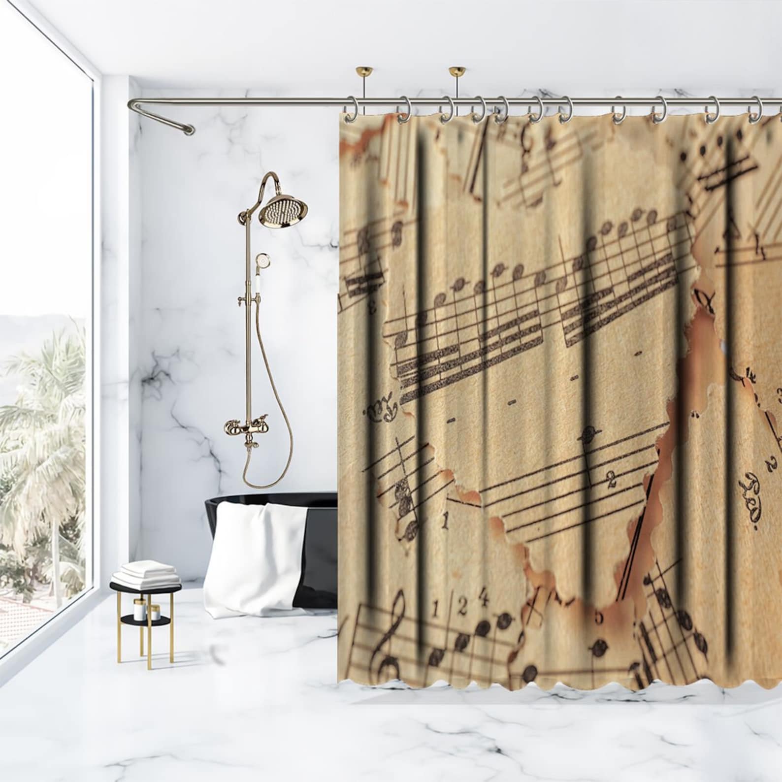 Music Notes Printed Showers Curtain / Waterproof Button Hole Etsy