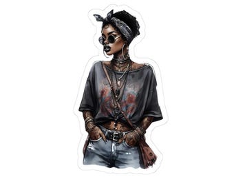 Boho Black Woman Glossy Sticker, Edgy Art Decor