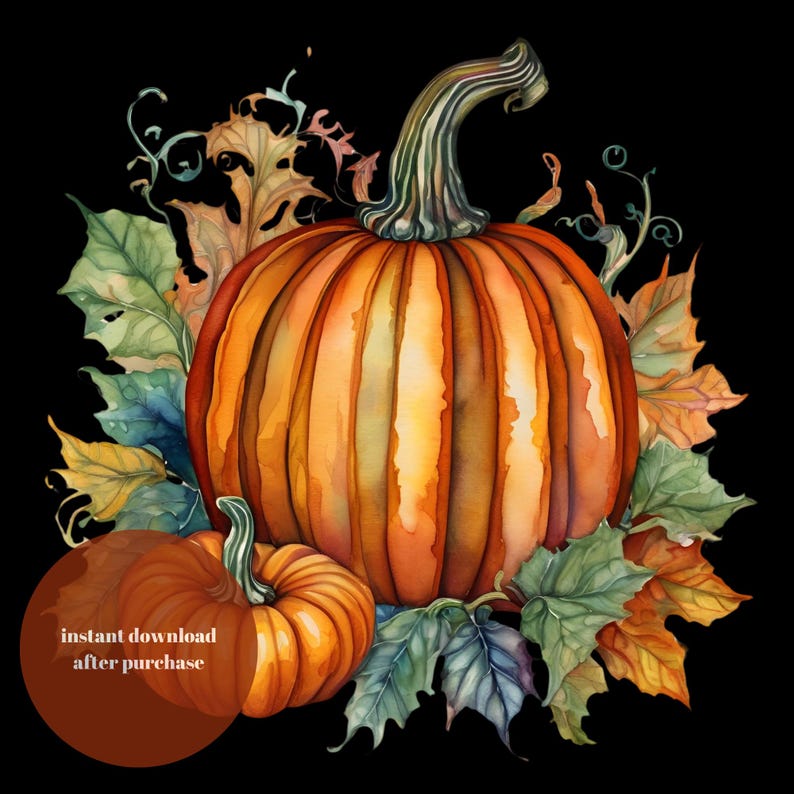 Autumn Pumpkin Watercolor Clipart Set Instant Download 3 Fall Harvest ...