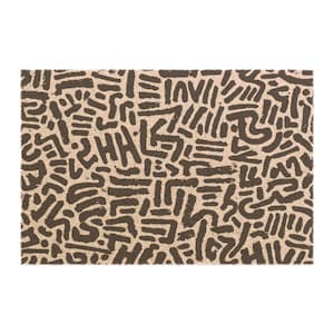 May include: Rectangular doormat with a tan background and a repeating pattern of dark brown abstract shapes. The shapes are a mix of lines, curves, and geometric forms, creating a textured appearance. The doormat is designed for outdoor use.
