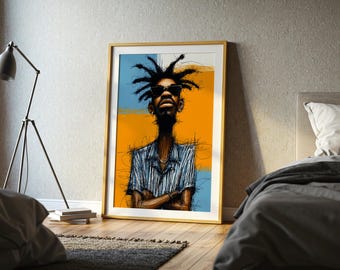 May include: Framed art print featuring a stylized portrait of a person with dreadlocks and sunglasses. The artwork has a vibrant color palette of blue, orange, and white, with a gold frame. The person is wearing a blue and white striped shirt.