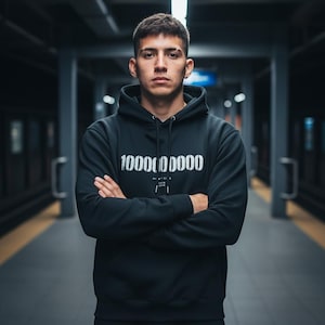 Può includere: Una persona indossa una felpa con cappuccio nera con la scritta bianca "10000000000". La persona è in piedi in una stazione della metropolitana con le braccia incrociate. La felpa ha un cappuccio con coulisse e una tasca a marsupio.