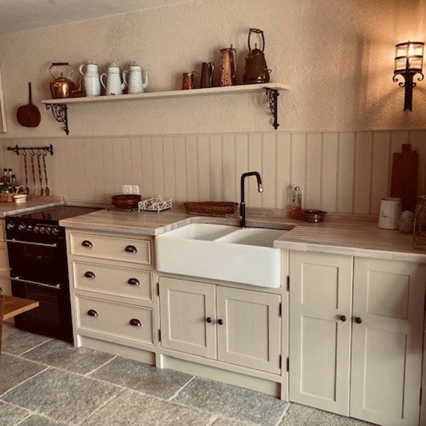 Handmade Traditional Kitchen Units in a Beautiful French Farmhouse-Painted In The Colour With Limed Oak Worktops.