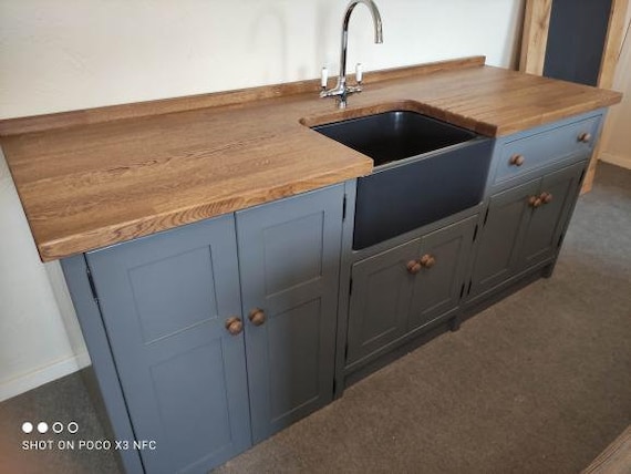 Handbuilt Solid Pine Freestanding Sink double Appliance Unit painted in downpipe With 25mm Stained Oak Worktop and Black Belfast Sink. Etsy