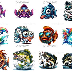 Vibrant Cartoon Fish Clipart Bundle: PNG designs for sublimation, stickers ,T-shirts, and DTF. Instant digital download with cute graphics!