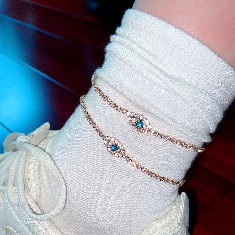 Lobster Clasp Closure Made From Rhinestone 7cm Extension Eye Charm Double Layer Rhinestone Eye Anklet 25cm