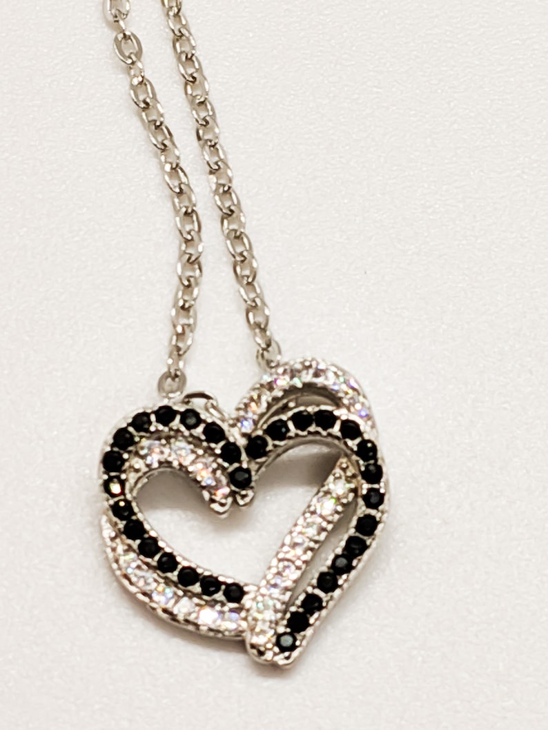 Rhinestone Hearts Lobster Clasp Closure 26 Inches in Length Sterling Silver Black and Silver Double Heart Pendant Necklace