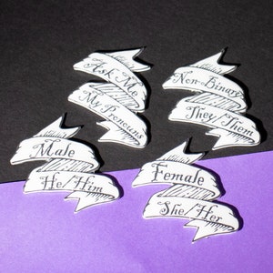 Customizable Pronoun Large Banner Pins, Transgender, LGBTQ+, Handmade