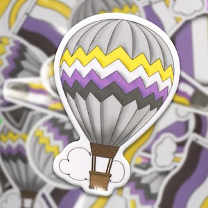May include: A gray hot air balloon with a purple, white, and yellow striped pattern. The balloon is floating in the air with a white cloud underneath it.