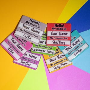 Personalized Name and Pronoun Combo Name Tag Pin – LGBTQ+ Pride, Transgender, Nonbinary, Handmade Custom Badge