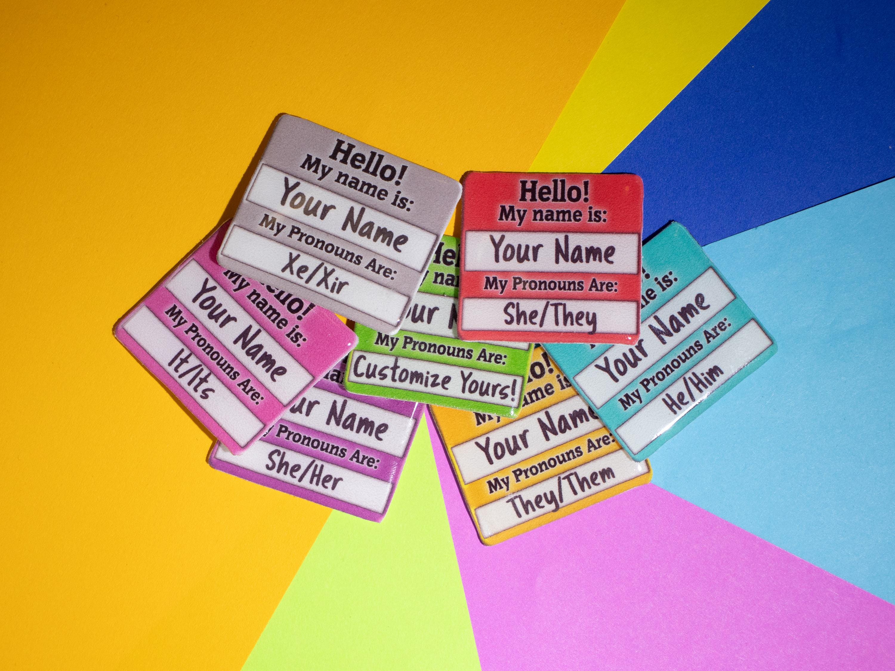 Personalized Name and Pronoun Combo Name Tag Pin – LGBTQ+ Pride, Transgender, Nonbinary, Handmade Custom Badge