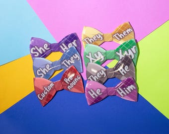 Personalized Bowtie Pronoun Pin – LGBTQ+ Pride, Transgender, Nonbinary, Handmade Custom Badge