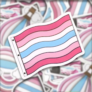 May include: A sticker of a transgender pride flag. The flag is pink, blue, and white with wavy lines. The flag is on a white background.