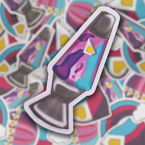 May include: A sticker of a lava lamp with a purple, pink, and blue swirl design. The lamp has a white heart with a yellow center on the front.