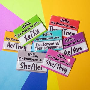 Personalized Pronoun Name Tag Pin – LGBTQ+ Pride, Transgender, Nonbinary, Handmade Custom Badge