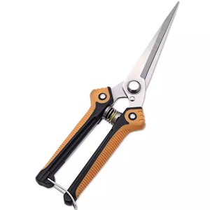May include: A pair of orange and black gardening shears with a spring-loaded handle and a sharp, pointed blade.