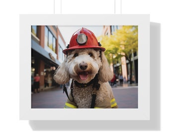 Framed Horizontal Poster of Goldendoodle Fireman in Fireman's Hat and Gear