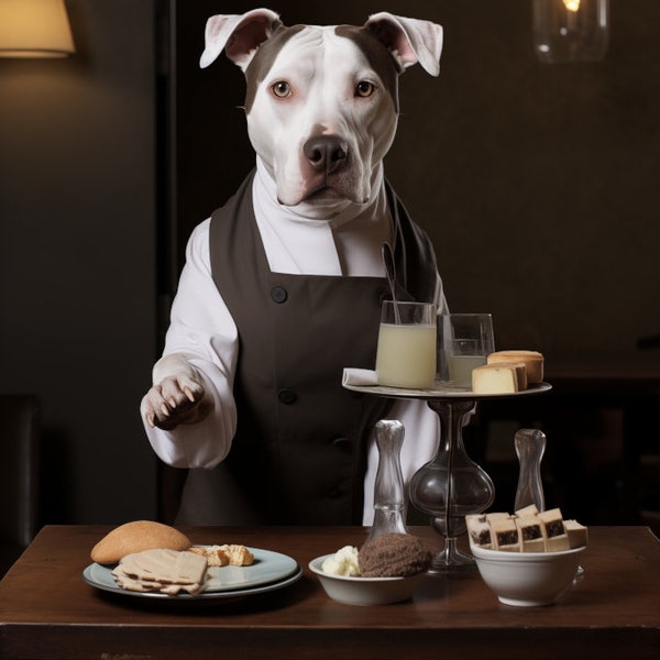 12" X 16" AI generated image of a pit bull in chef's apron, ready to serve your favorite desserts, brown and white pitbull with brown table