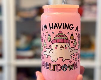 Snowman Meltdown 16oz Glass Cup, Pink Lid & Straw, Winter Gift