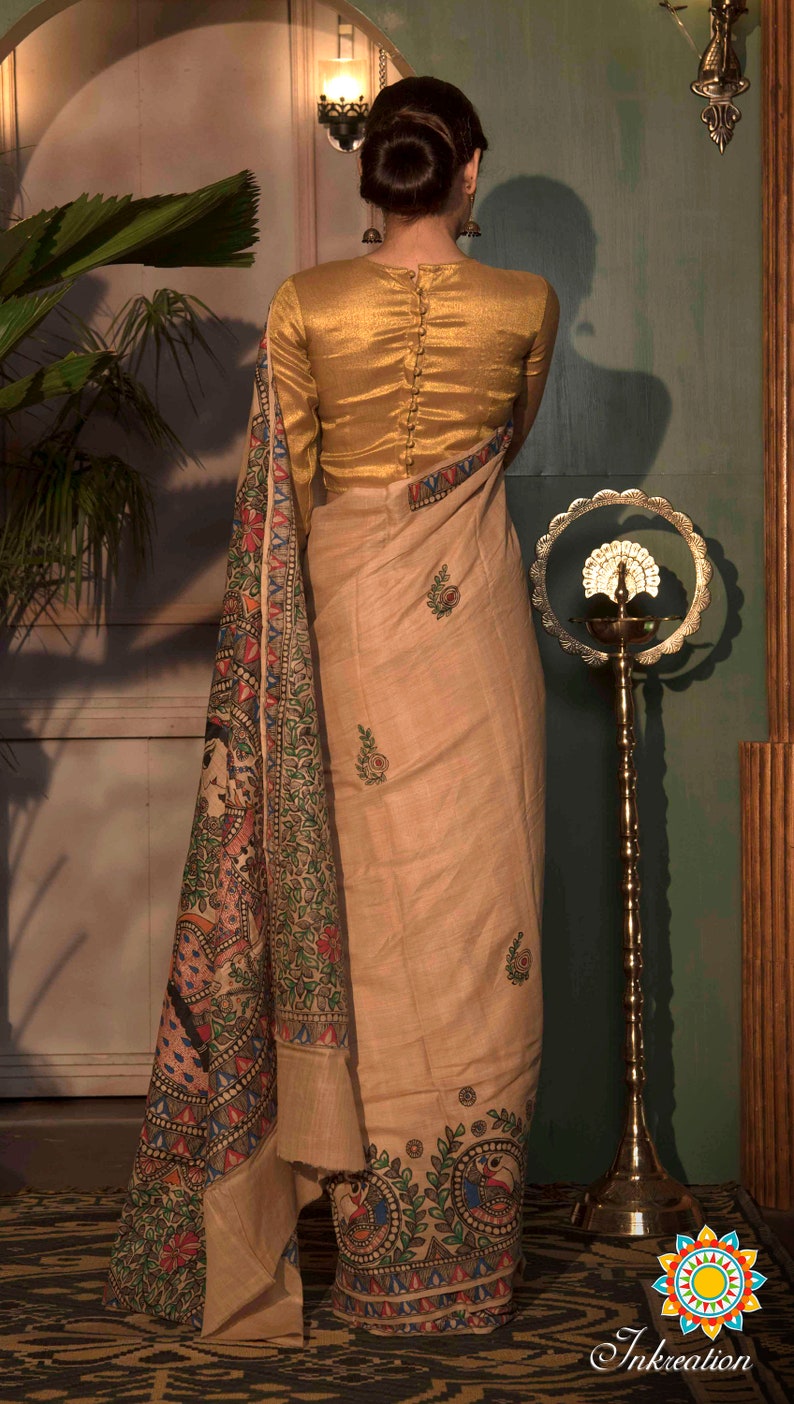 Exclusive Madhubani hand painting Tussar Silk Sari with Blouse piece.