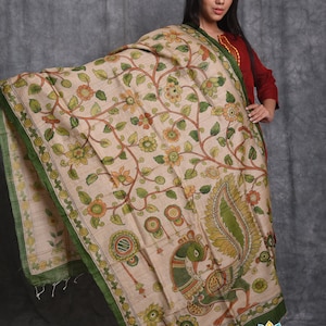 Exclusive Pen kalamkari hand painted Pure Tussar DUPATTA OR WRAP Around.Duty Free dELIVERY wORLDWIDE At your Doorstep.