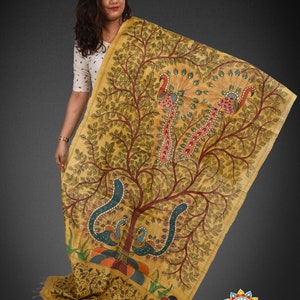 Madhubani Hand Painted Pure Tussar DUPATTA. Duty Free dELIVERY wORLDWIDE At your Doorstep.