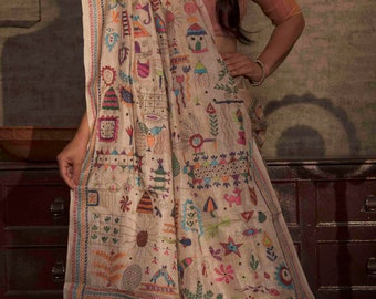 100 DAYS to Prepare.Kantha Stitch  Tussar Sari with Blouse Piece. Duty Free dELIVERY wORLDWIDE At your Doorstep.