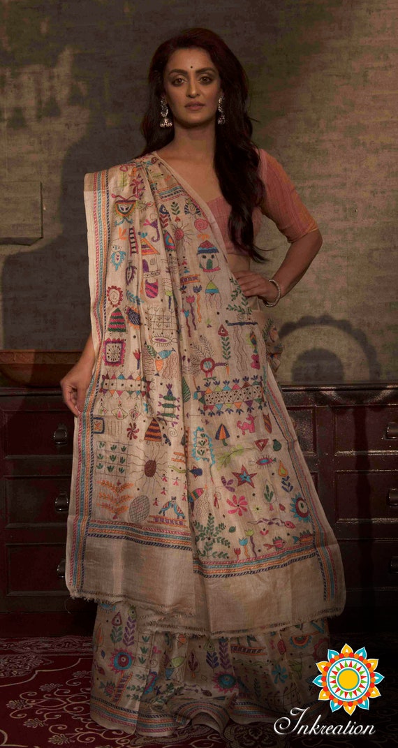 100 DAYS to Prepare.Kantha Stitch  Tussar Sari with Blouse Piece. Duty Free dELIVERY wORLDWIDE At your Doorstep.