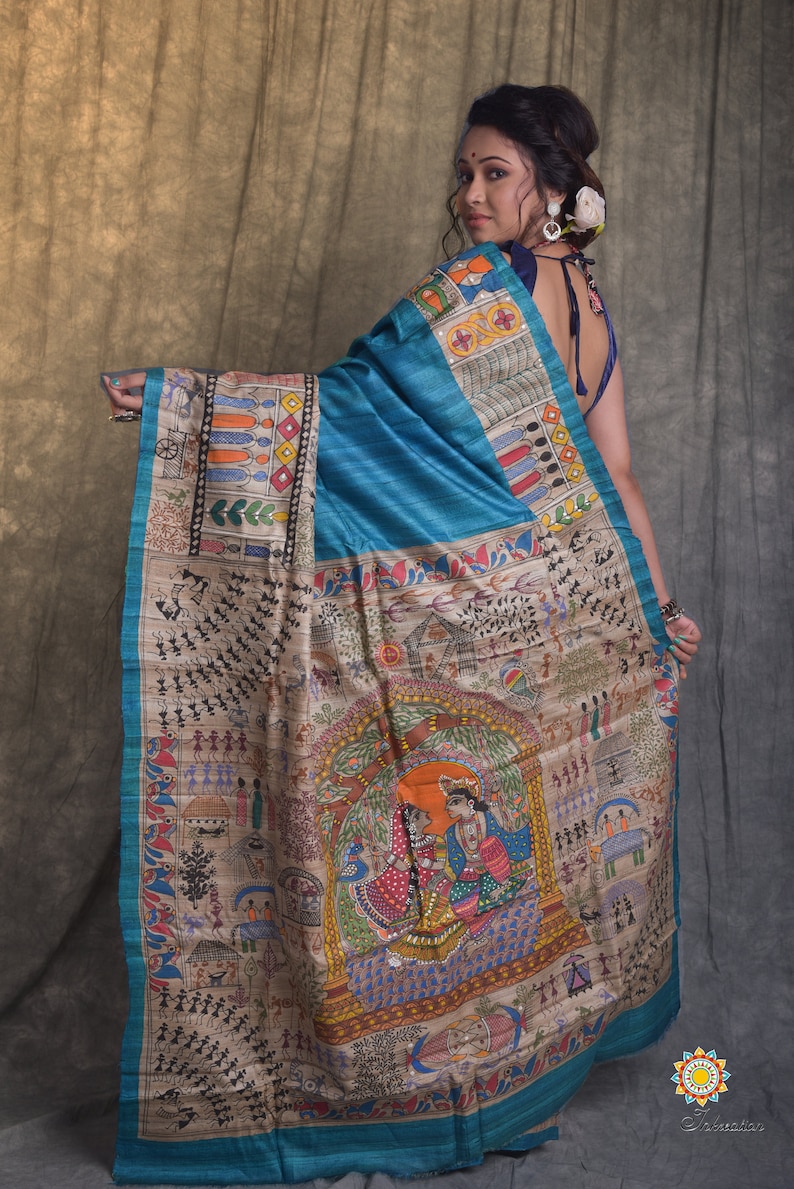 Unique Madhubani and Worli hand painted fusion sari on Pure Tussar with Blouse Piece