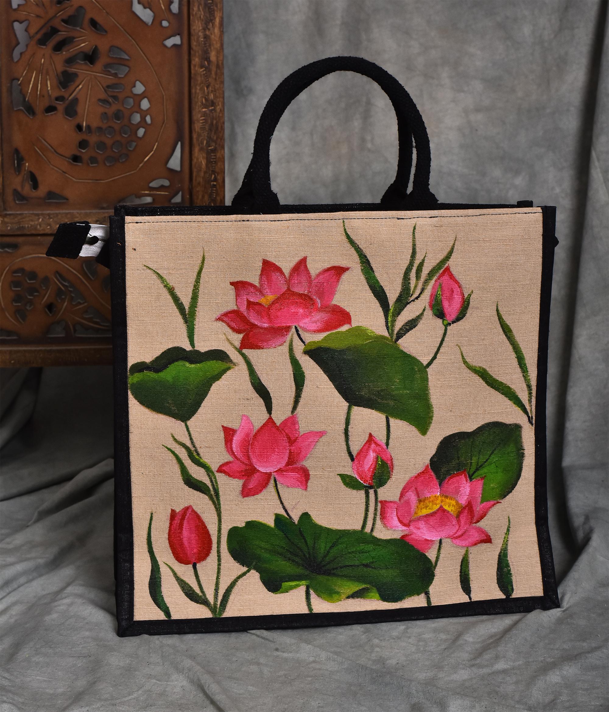 HAND PAINTED natural jute tote Bag , ECO Friendly Shopping Accessory, A Perfect Gift.Duty Free dELIVERY wORLDWIDE At your Doorstep.