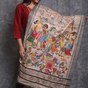 Exclusive hand painted Tussar Silk Dupatta or Wrap around.DUTY FREE dELIVERY wORLDWIDE At your Doorstep.