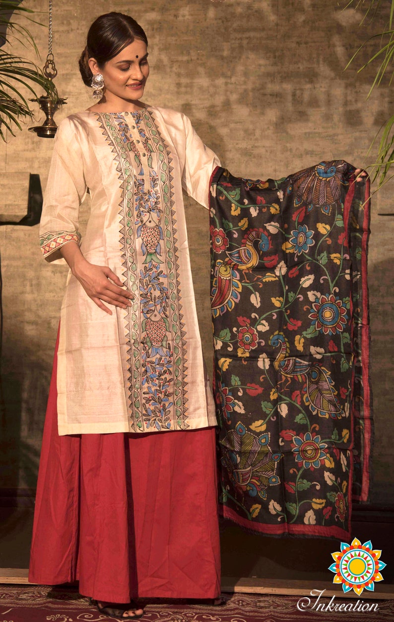 Kalamkari Hand Painted Pure Tussar Silk Scarf Scarves