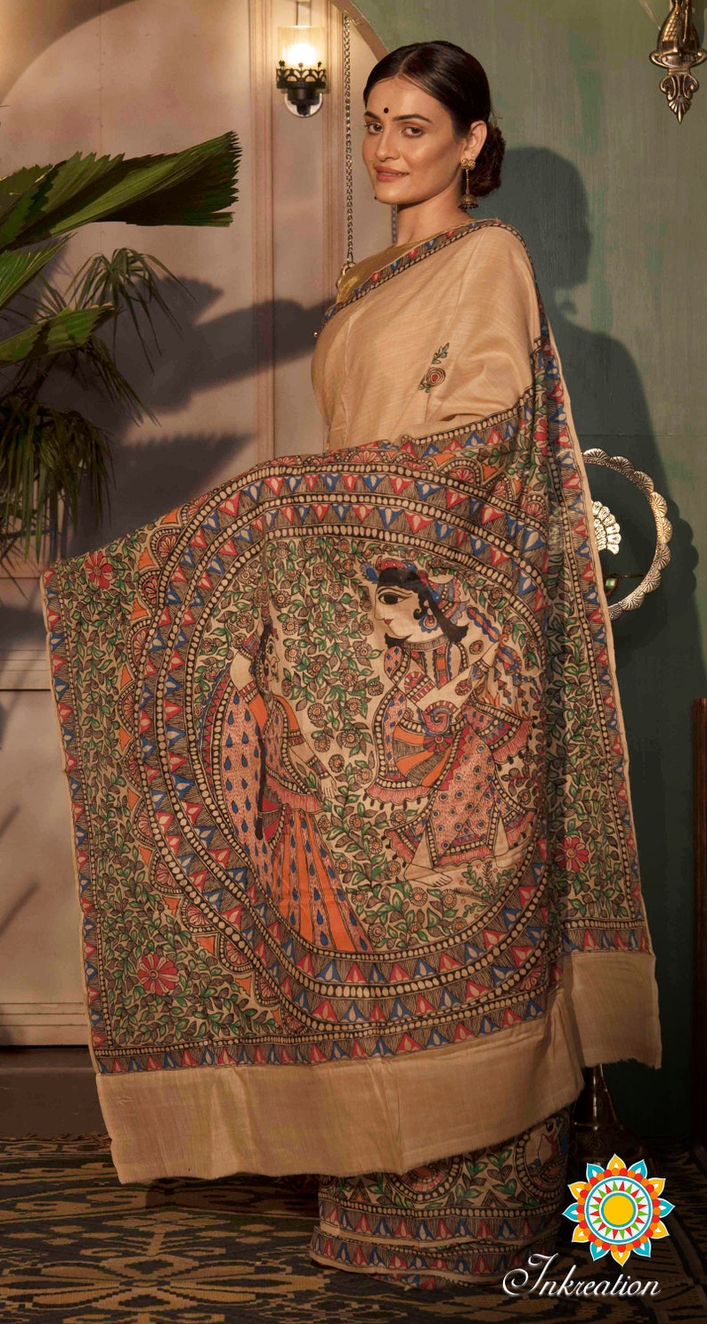 Exclusive Madhubani hand painting Tussar Silk Sari with Blouse piece.