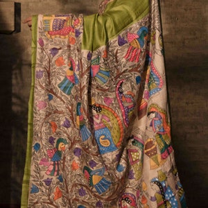Madhubani hand painted Pure Tussar Silk Sari with blouse piece. Unique design Madhubani Sari.