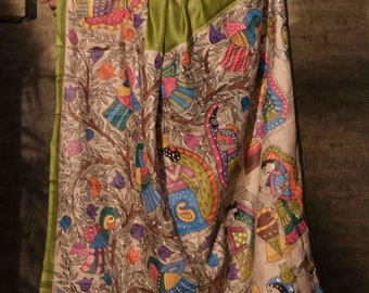 Madhubani hand painted Pure Tussar Silk Sari with blouse piece. Unique design Madhubani Sari.Duty Free dELIVERY wORLDWIDE At your Doorstep.