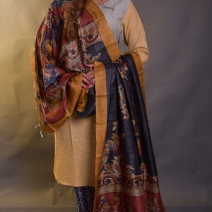 Pen kalamkari hand painted Pure Tussar DUPATTA, WRAP AROUND.Duty Free dELIVERY wORLDWIDE At your Doorstep.