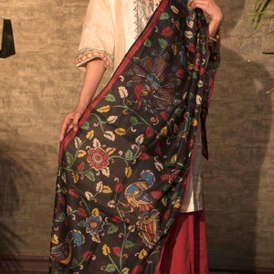 Kalamkari Hand Painted Pure Tussar Silk Scarf Scarves.Duty Free dELIVERY wORLDWIDE At your Doorstep.