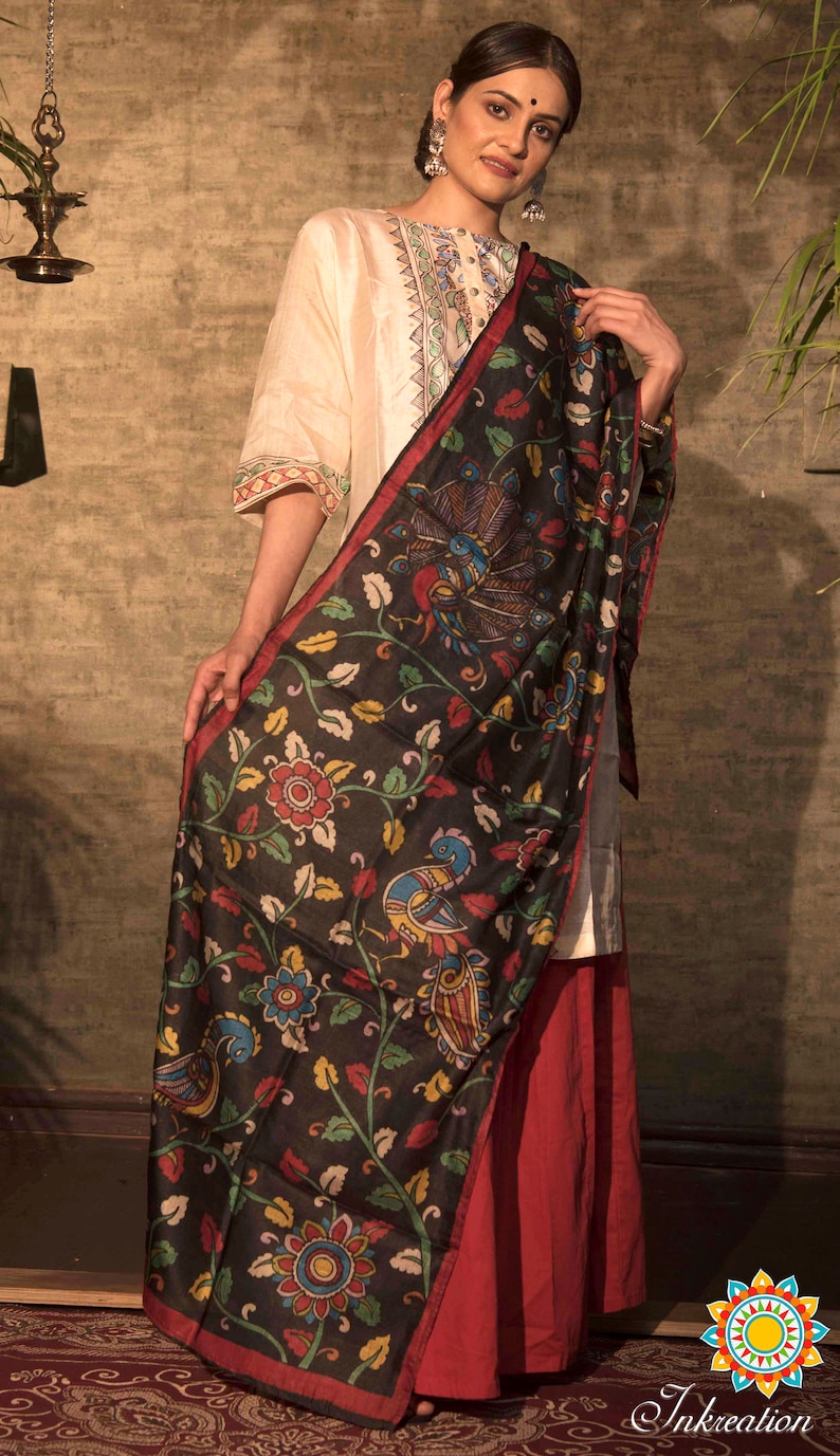 Kalamkari Hand Painted Pure Tussar Silk Scarf Scarves