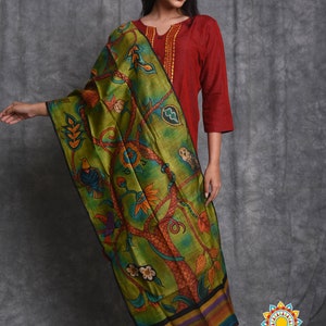 Exclusive Pen kalamkari hand painted Pure Tussar SCARF.Duty Free dELIVERY wORLDWIDE At your Doorstep.