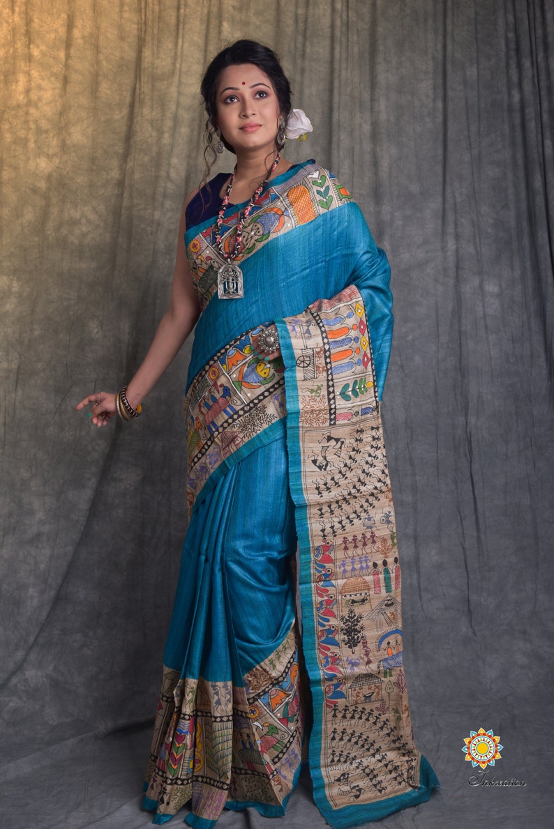 Unique Madhubani and Worli hand painted fusion sari on Pure Tussar with Blouse Piece