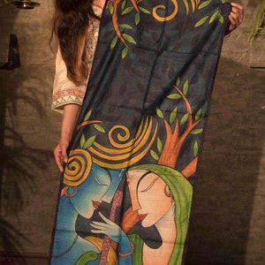Lord Krishna and Radha Hand Painted Pure Tussar Silk Scarf. Duty Free dELIVERY wORLDWIDE At your Doorstep.