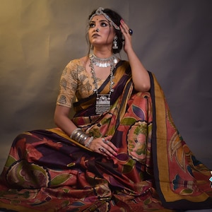 Exclusive Pen kalamkari hand painted Pure Tussar SARI with Blouse piece.Duty Free dELIVERY wORLDWIDE At your Doorstep.