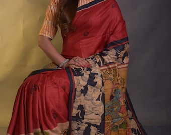 Sari único de fusión Kalmkari y Patachitra en tussar puro con pieza de blusa. ENTREGA LIBRE DE IMPUESTOS EN TODO EL MUNDO En su puerta.