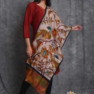 Kalamkari Hand Painted Pure Tussar Silk Scarf/ Scarves. DUTY FREE dELIVERY wORLDWIDE AT your Doorstep.