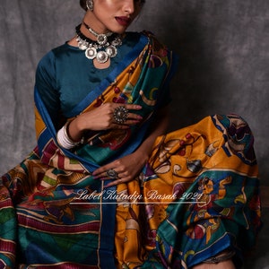 Hand painted Pen Kalamkari pure TUSSAR Exclusive Sari with blouse piece.DUTY FREE dELIVERY wORLDWIDE At your Doorstep.